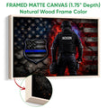 Natural wood framed police wall art with an officer, shield emblem, and American flag theme