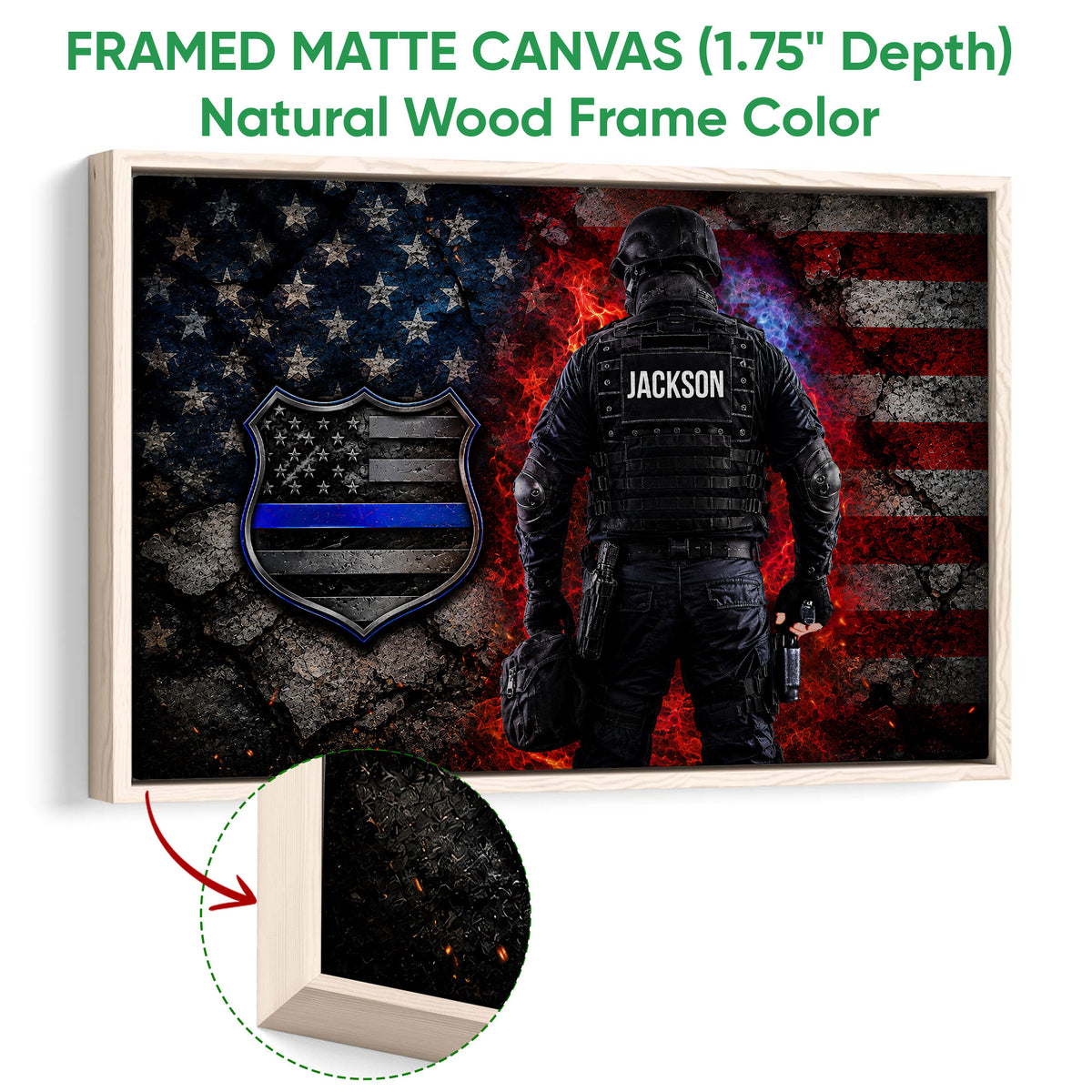 Natural wood framed police wall art with an officer, shield emblem, and American flag theme