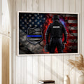 Framed police wall art displayed on a light wood-paneled wall in a home decor setting