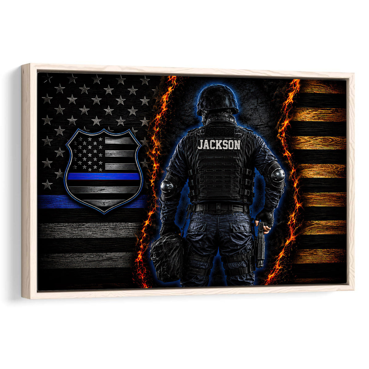 Framed police wall art featuring a tactical law enforcement officer, blue-line flag emblem, flames and dark wood texture