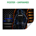 Unframed police poster featuring a tactical officer, blue-line flag emblem, stars, flames and dark wood background