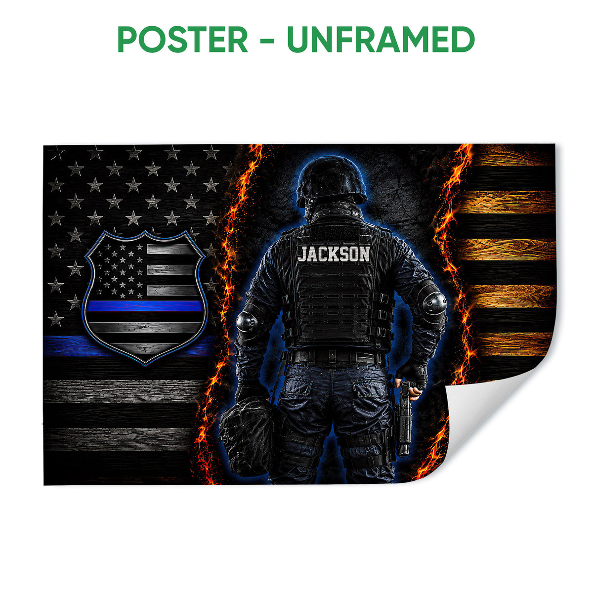 Unframed police poster featuring a tactical officer, blue-line flag emblem, stars, flames and dark wood background
