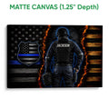 Matte canvas police wall art featuring a tactical law enforcement officer and blue-line flag design