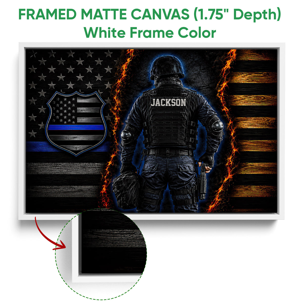 White framed police canvas wall art featuring a tactical officer and blue-line flag design on dark wood texture