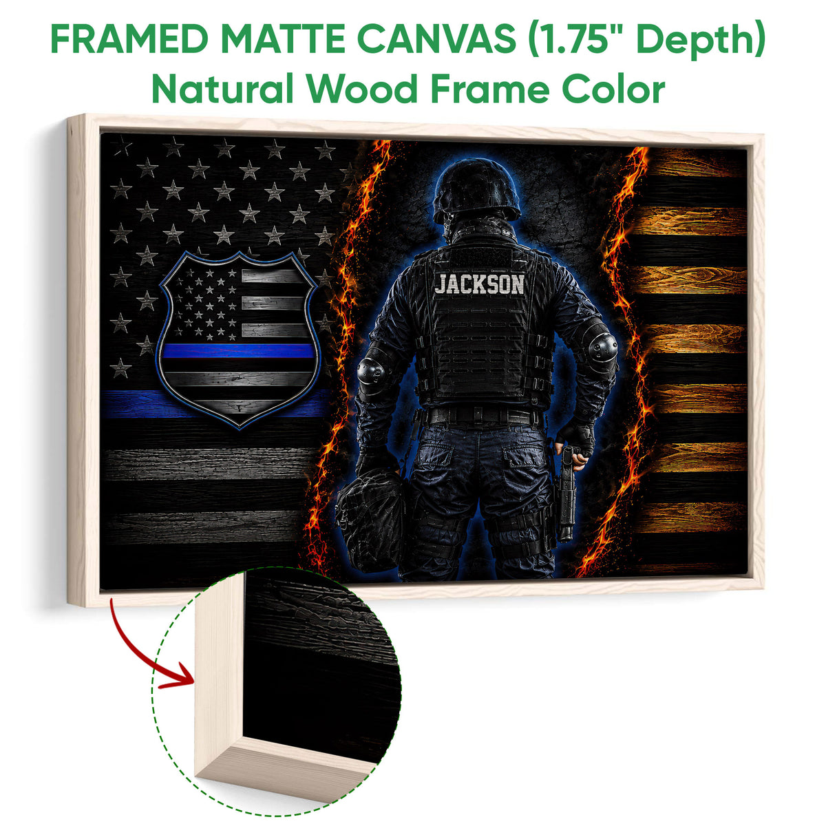 Natural wood framed police wall art featuring a tactical officer, blue-line flag emblem and vivid flame accents
