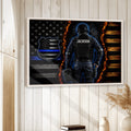 Framed police wall art displayed on a light wood-paneled wall in a home decor setting