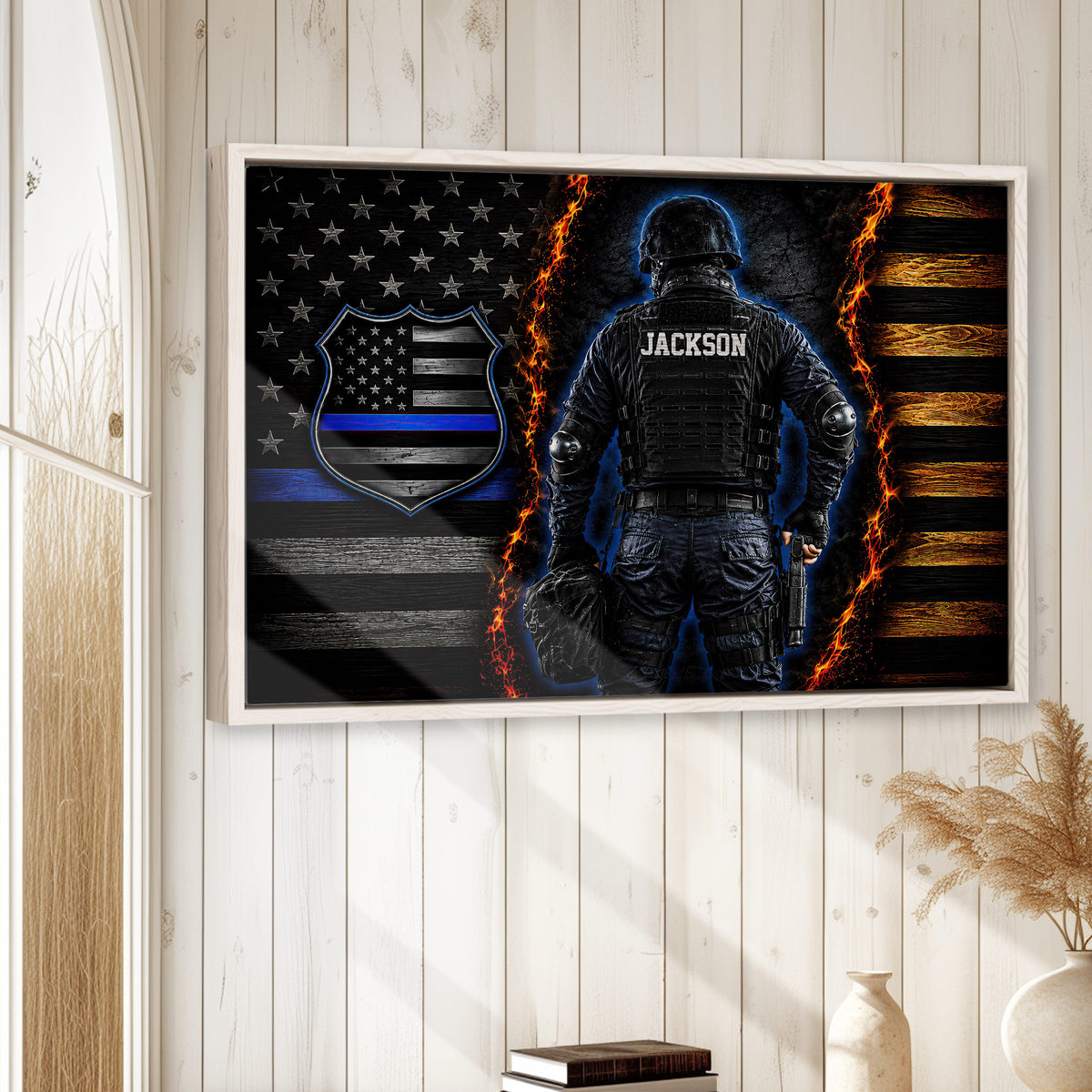Framed police wall art displayed on a light wood-paneled wall in a home decor setting