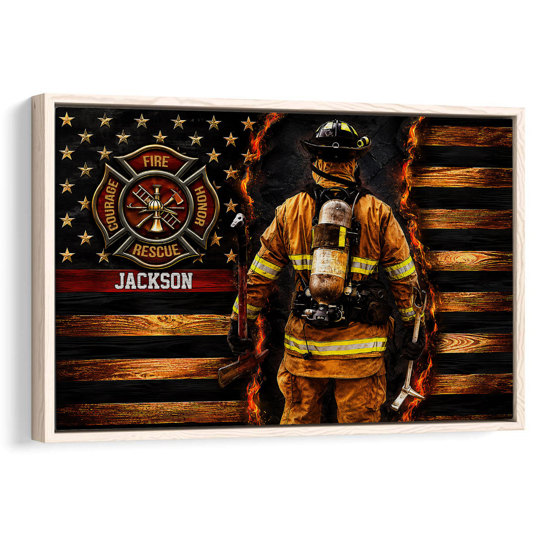 Framed firefighter wall art showing a firefighter in turnout gear beside a fire service emblem and flames