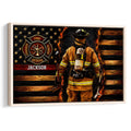 Framed firefighter wall art showing a firefighter in turnout gear beside a fire service emblem and flames