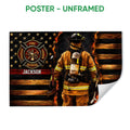 Unframed firefighter poster featuring a firefighter in protective gear, fire service emblem, flames, and wood texture