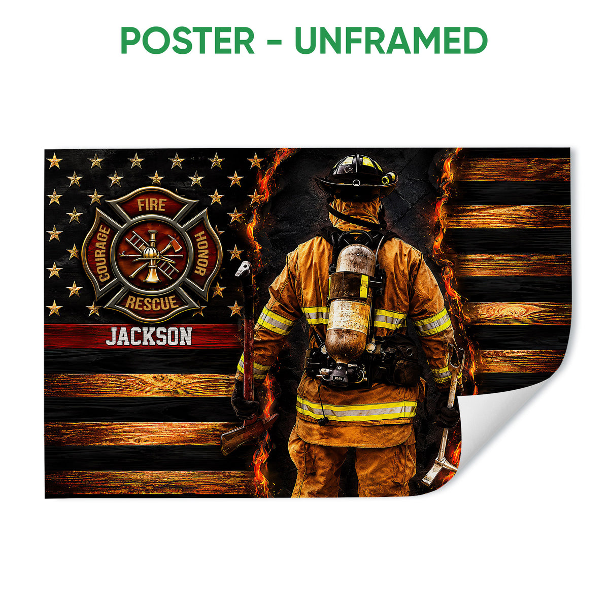 Unframed firefighter poster featuring a firefighter in protective gear, fire service emblem, flames, and wood texture