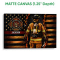 Matte canvas firefighter wall art featuring a fire service emblem, firefighter in gear, flames, and dark wood texture