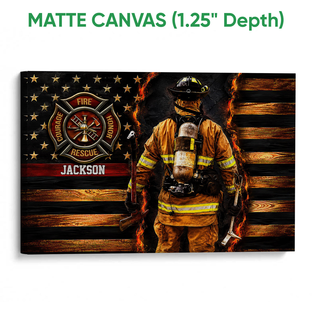 Matte canvas firefighter wall art featuring a fire service emblem, firefighter in gear, flames, and dark wood texture