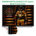 Black framed canvas firefighter wall art with a fire service emblem, flames, and protective gear detail