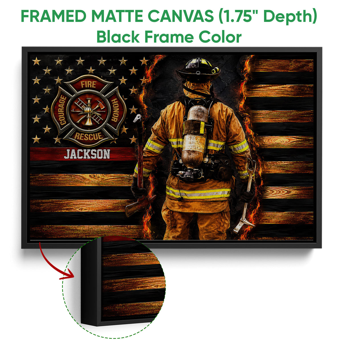 Black framed canvas firefighter wall art with a fire service emblem, flames, and protective gear detail