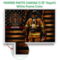 White framed canvas firefighter wall art with a fire service emblem, flames, and dark wood background
