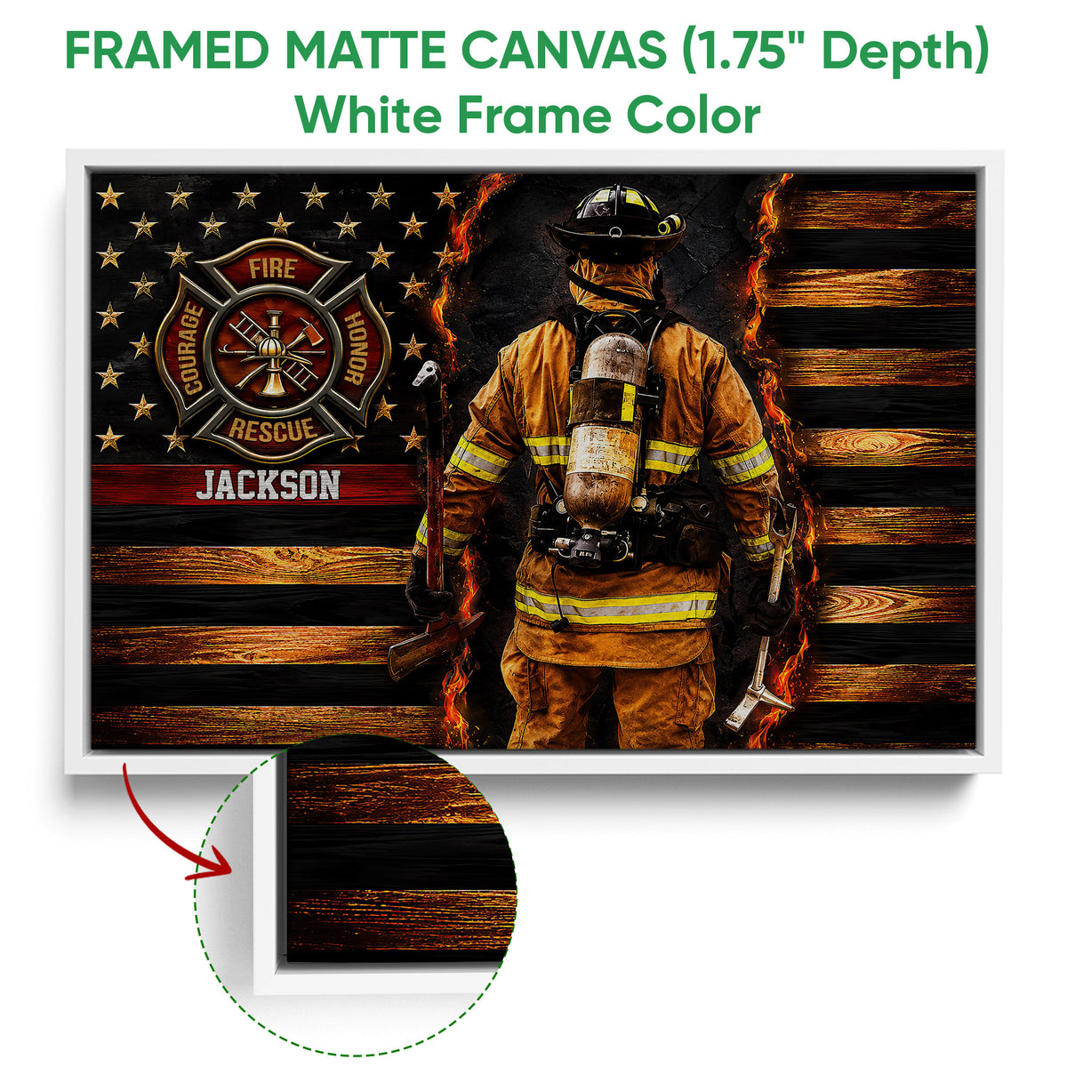 White framed canvas firefighter wall art with a fire service emblem, flames, and dark wood background