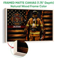 Natural wood framed firefighter canvas featuring a firefighter in protective gear and a fire service emblem