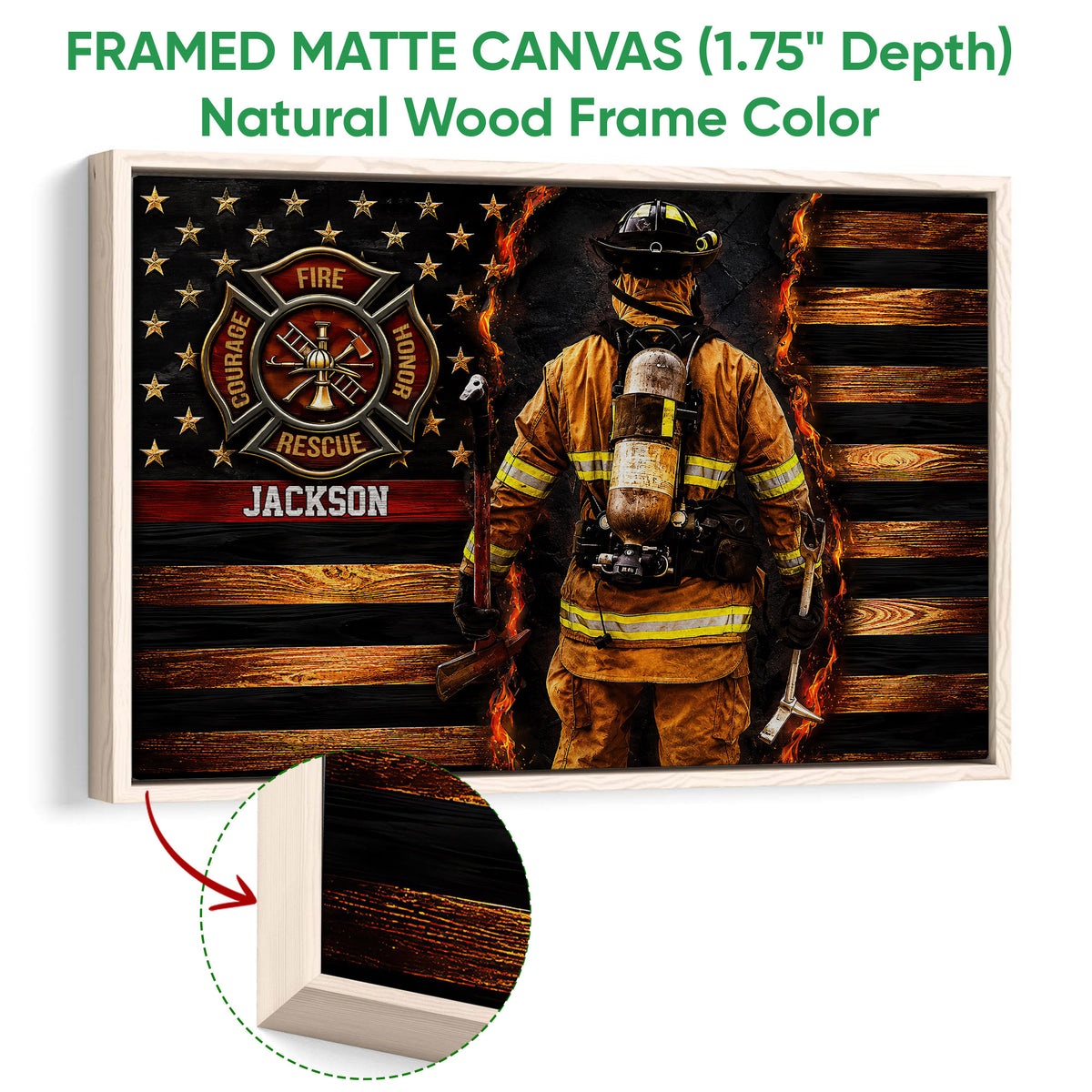Natural wood framed firefighter canvas featuring a firefighter in protective gear and a fire service emblem