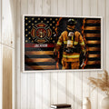 Framed firefighter wall art displayed on a light wood-paneled wall in a home interior