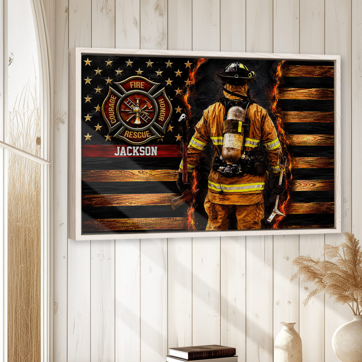 Framed firefighter wall art displayed on a light wood-paneled wall in a home interior