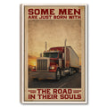 Framed trucker wall art featuring a red semi truck driving at sunset with rugged vintage-inspired colors