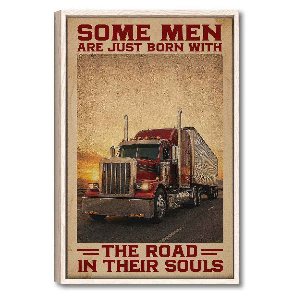 Framed trucker wall art featuring a red semi truck driving at sunset with rugged vintage-inspired colors
