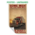 Unframed poster wall art featuring a red semi truck on an open road at sunset