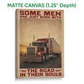 Matte canvas wall art showing a red semi truck with a warm sunset and distressed road-inspired design