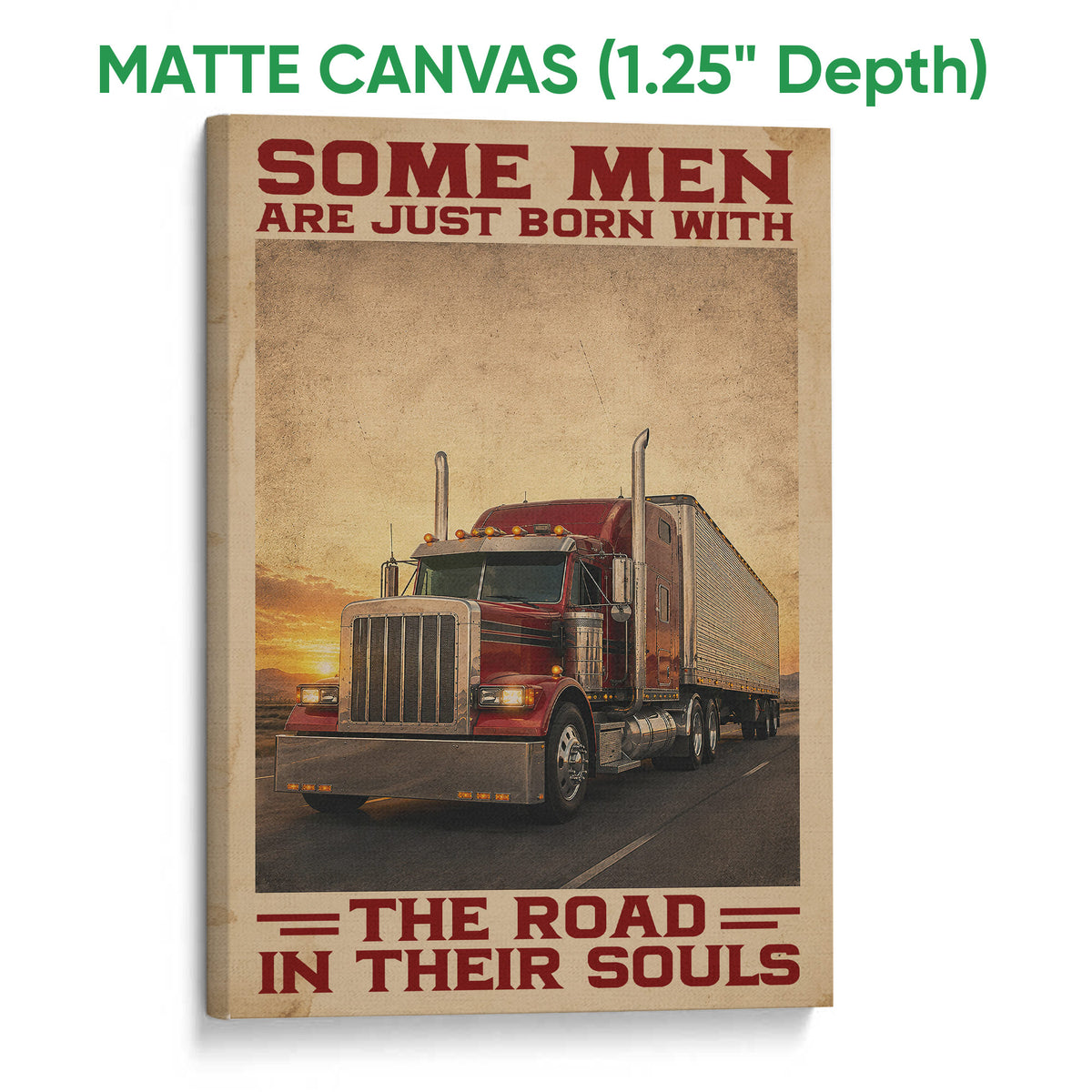 Matte canvas wall art showing a red semi truck with a warm sunset and distressed road-inspired design