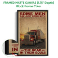 Framed canvas trucker wall art shown with a black frame and close-up of the wrapped canvas edge