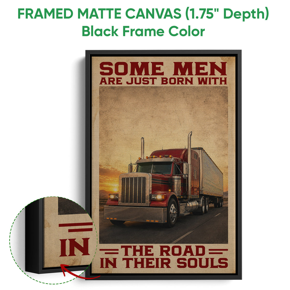 Framed canvas trucker wall art shown with a black frame and close-up of the wrapped canvas edge