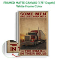 Framed canvas trucker wall art shown with a white frame and close-up detail of the canvas edge