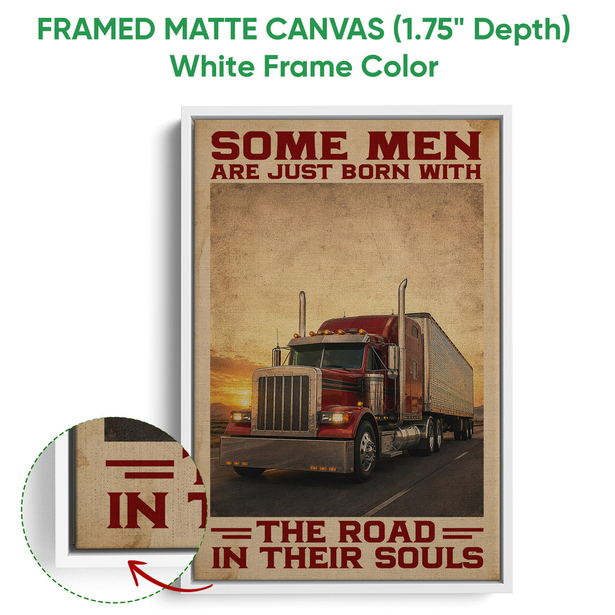 Framed canvas trucker wall art shown with a white frame and close-up detail of the canvas edge