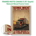 Framed canvas trucker wall art shown with a natural wood frame and close-up of the frame construction