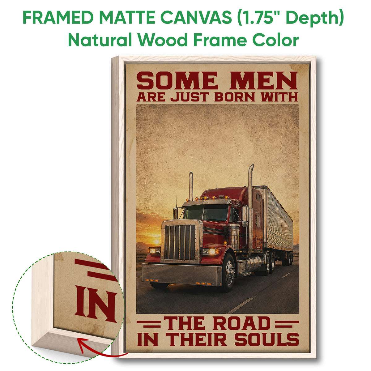 Framed canvas trucker wall art shown with a natural wood frame and close-up of the frame construction