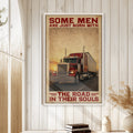 Trucker wall art displayed on a white paneled wall, featuring a red semi truck in a warm rustic interior
