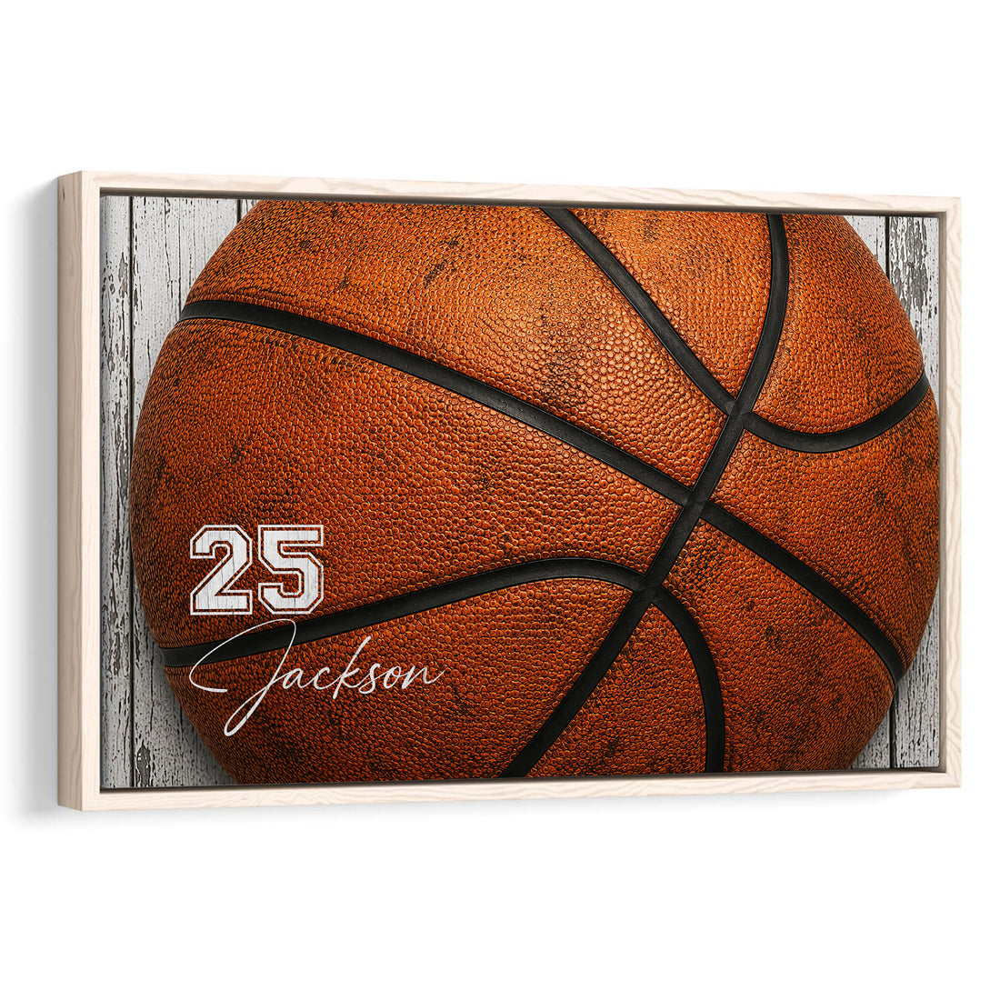 Framed basketball wall art featuring a close-up orange basketball against a rustic wood backdrop
