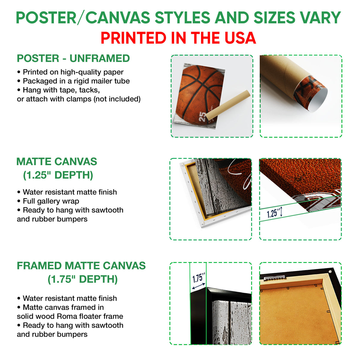 Basketball wall art option guide showing poster, matte canvas, and framed canvas formats