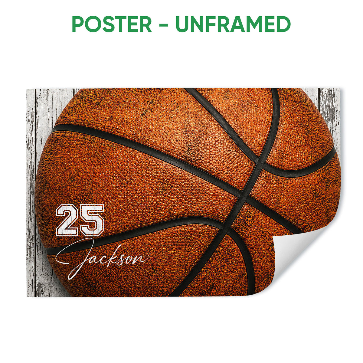Unframed basketball poster featuring a close-up orange basketball and rustic wood background
