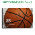 Matte canvas basketball wall art featuring a detailed orange basketball and rustic wood backdrop