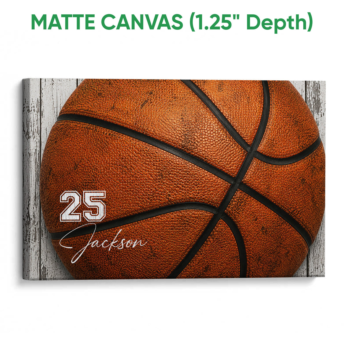 Matte canvas basketball wall art featuring a detailed orange basketball and rustic wood backdrop