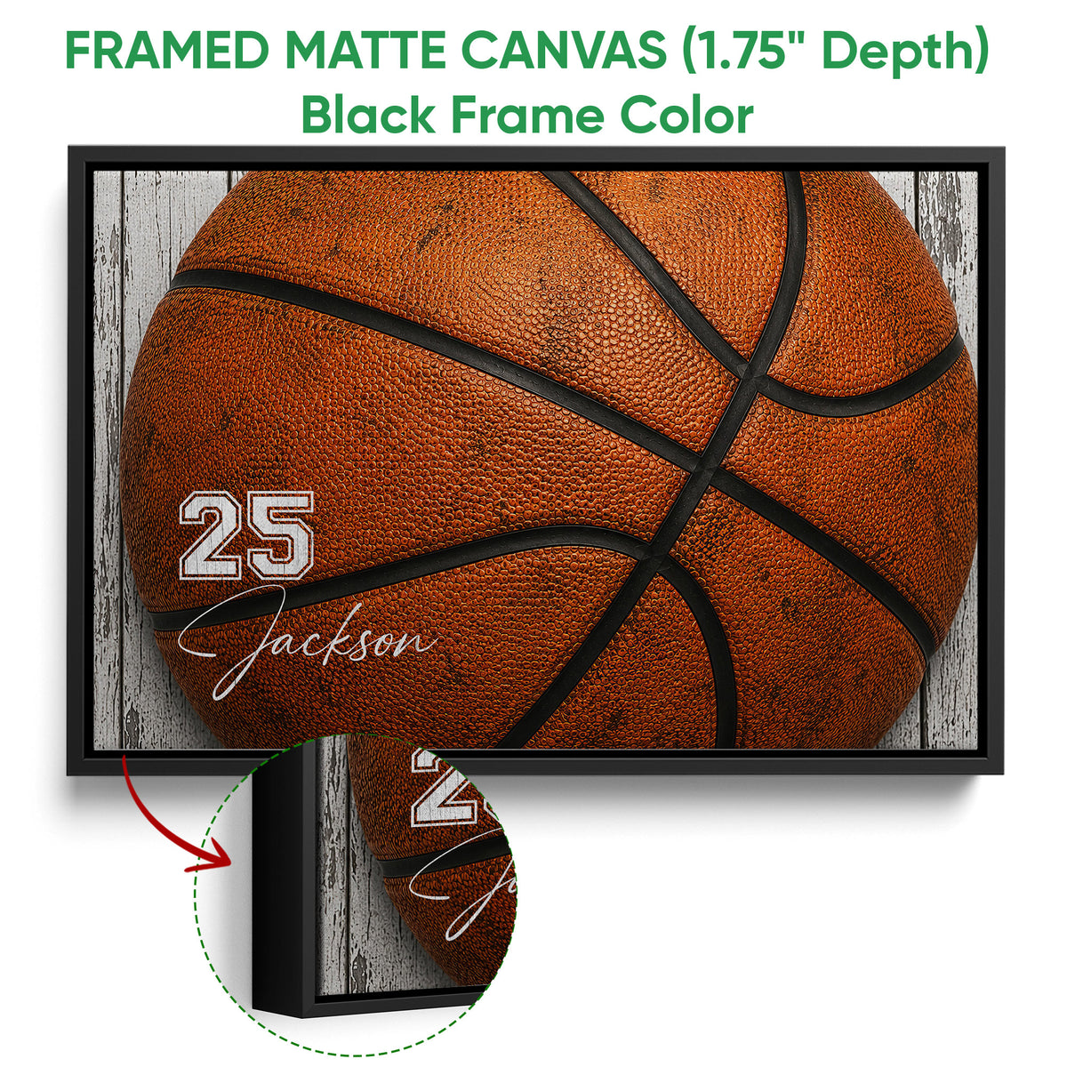 Black framed canvas basketball wall art with a detailed orange basketball design