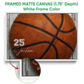 White framed canvas basketball wall art with a detailed orange basketball design