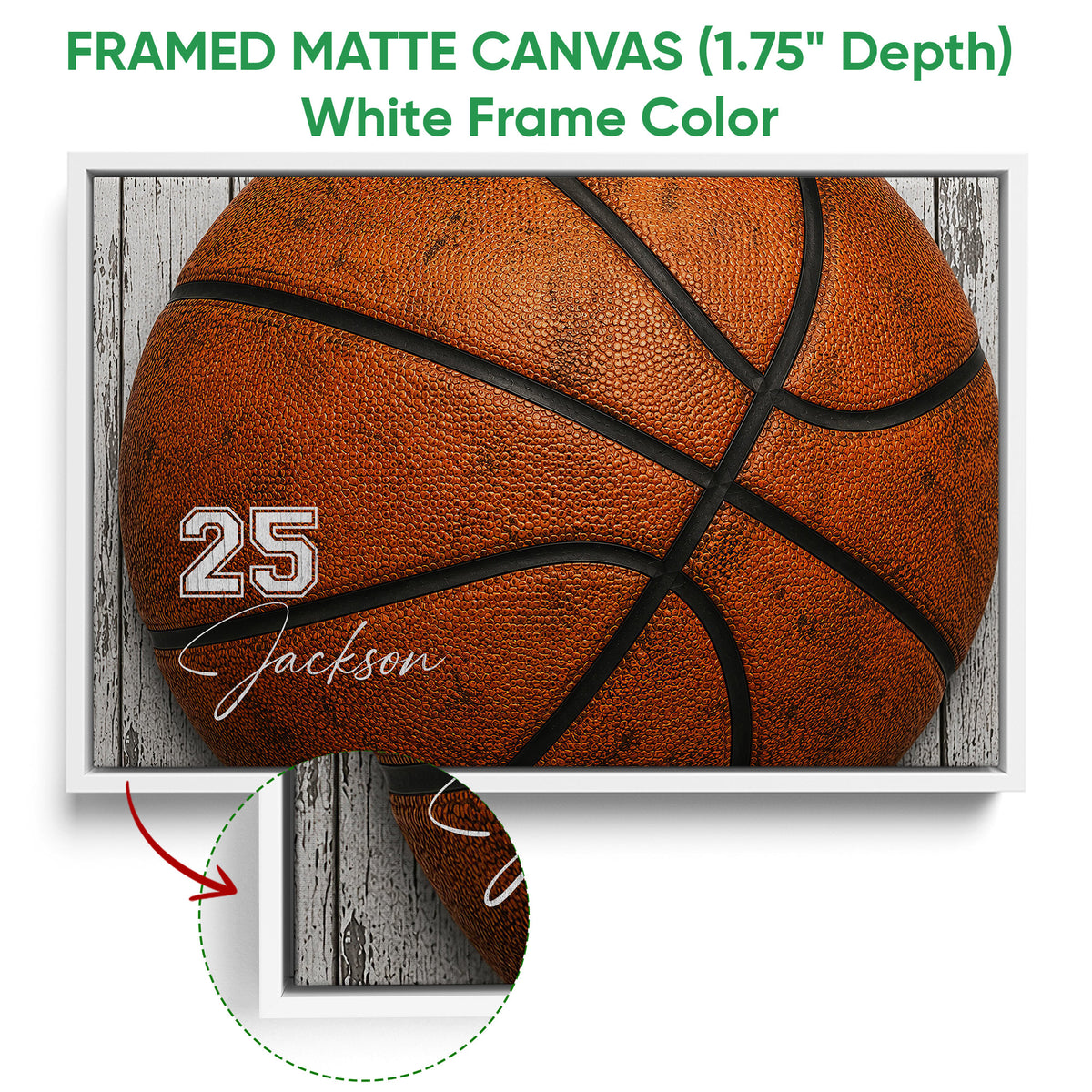 White framed canvas basketball wall art with a detailed orange basketball design