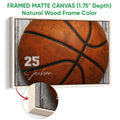 Natural wood framed basketball wall art with a detailed orange basketball and rustic backdrop