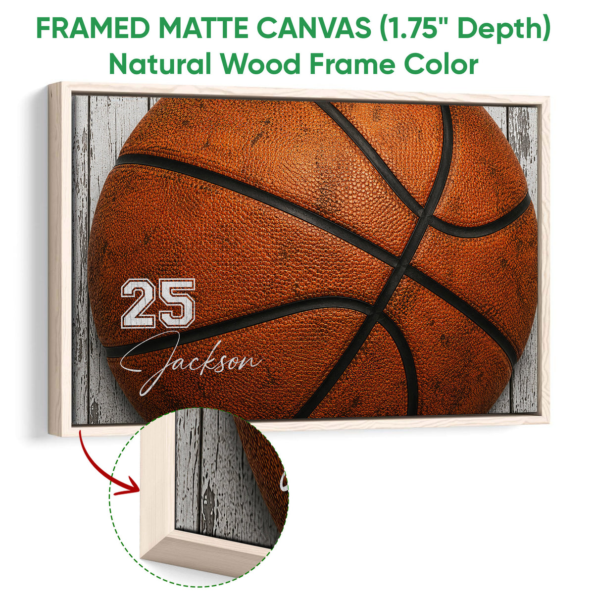 Natural wood framed basketball wall art with a detailed orange basketball and rustic backdrop