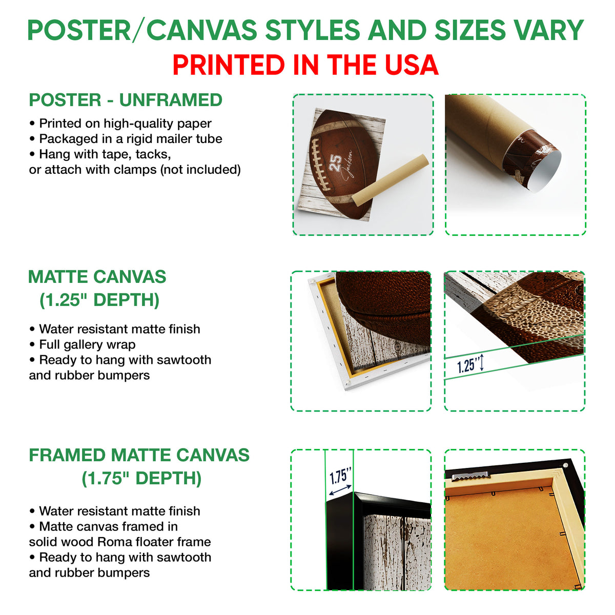 Poster and canvas wall art options guide showing unframed poster, canvas, and framed canvas formats