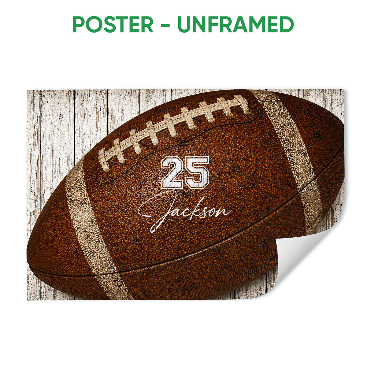 Unframed football poster featuring a detailed brown football on a rustic white wood background