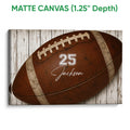 Matte canvas football wall art with a detailed brown football and rustic white wood design